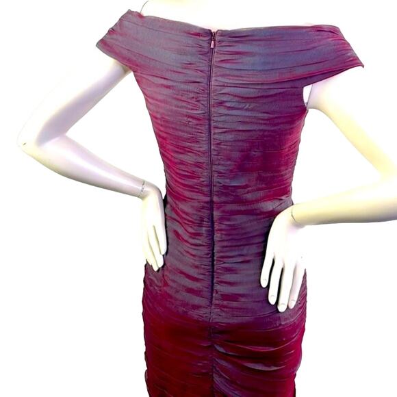 TADASHI Collection Wine & Teal Ruched Chiffon Cocktail Dress Off Shoulder Size 6 - Picture 14 of 16
